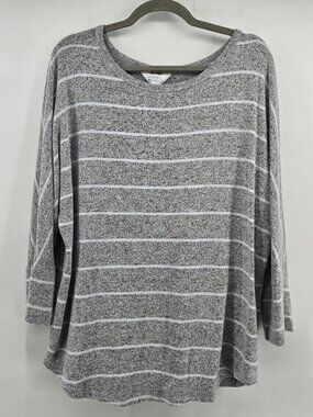 Market & Spruce Striped 3/4 Sleeve Knit Casual Pullover - L Grey/White
